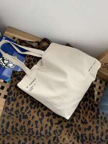 1pc Men's Canvas Shoulder Bag With Letter Print, Casual Tote Bag Large Capacity Reusable Shopping Bag