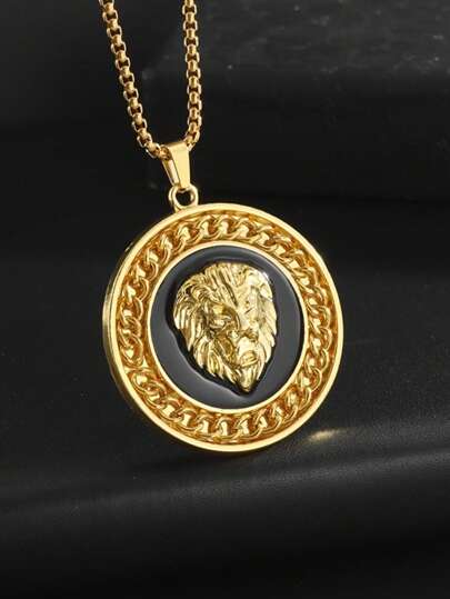 1 Stück luxuriöser, dominanter runder Löwenkopf Anhänger Halskette, Dekoration mit Kubankette, modischer Rockschmuck Herren, Party Geschenk, geeignet für den täglichen Gebrauch