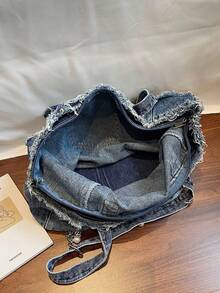 New Denim Fabric Large Capacity Tote Bag, Casual Versatile Shoulder Handbag, Underarm Carry Bag, Student School Bag - Blue - View 5