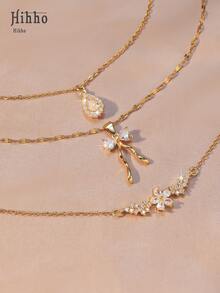 Hihho Bộ 3 chiếc/Bộ mặt dây chuyền hoa bướm hình giọt nước đính đá pha lê thanh lịch, Quà tặng trang sức sang trọng thời trang và sáng tạo cho phụ nữ - Vàng - Xem 2