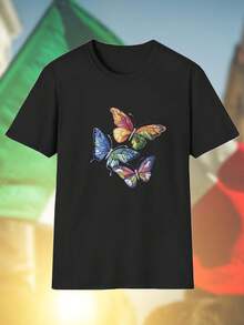 Maglietta Uomo Elegante con Farfalle Ricamate Colorate su Sfondo Nero Moda Casual Regalo Unico Offerta Speciale Stile  Qualità Top
