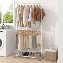 Double Rod Clothing Garment Rack, Rolling Coat Hanger With Bottom Mesh, Clothing Rack For Hanging Clothes, Coats, Skirts, Sweaters, White - With mesh + Gold - View 5