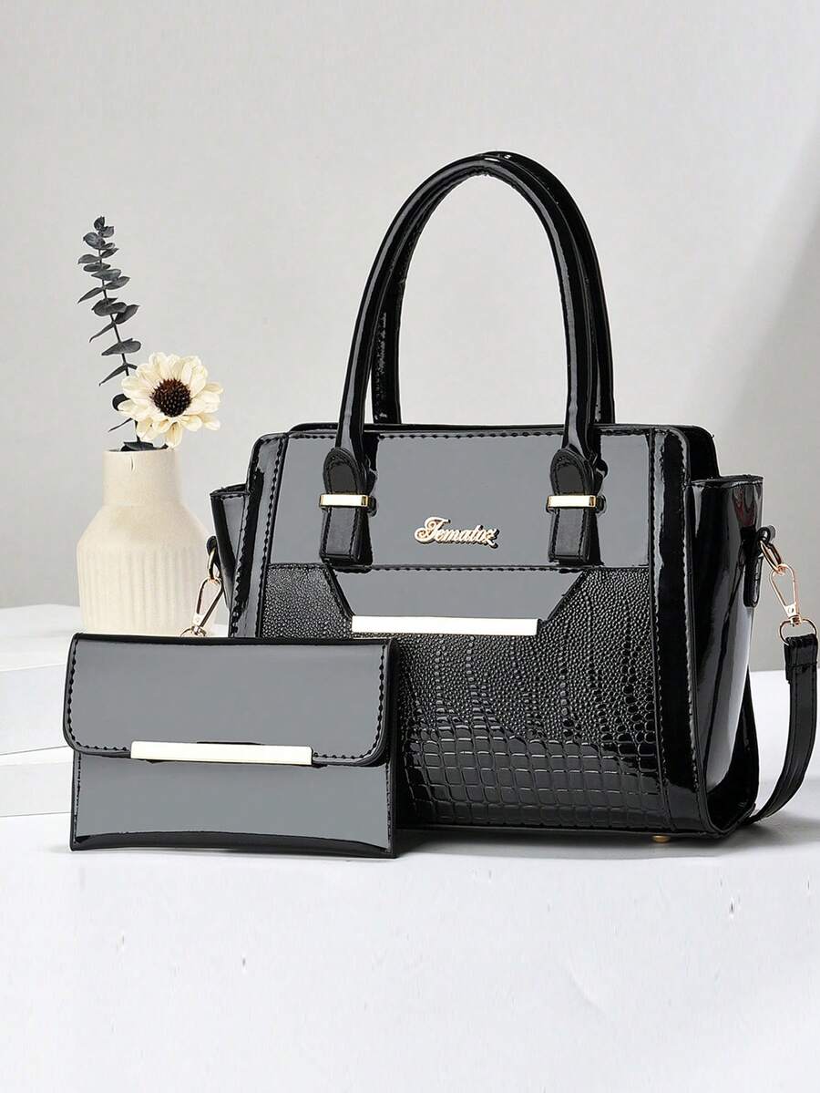 2-Piece Elegant Two-Tone Tote Bag And Slim Shoulder Bag Set - Brown And Black, Large Capacity, Zipper Closure, Fashionable Office/Commute Bag, Office Bag | Fashionable Shoulder Bag | Zipper Bag - Multicolor - View 1