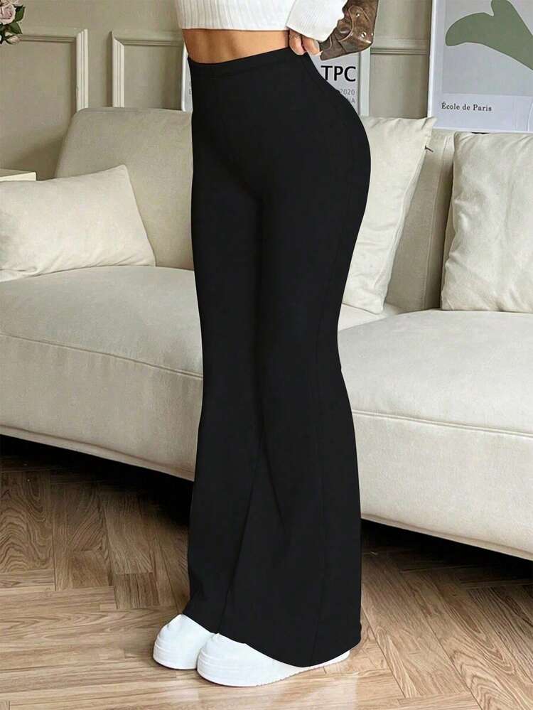 Pantalones deportivos de yoga con cintura alta y corte acampanado, unicolor, leggings ajustados de compresión para correr y hacer ejercicio, color negro de primavera - Negro - Añade 3