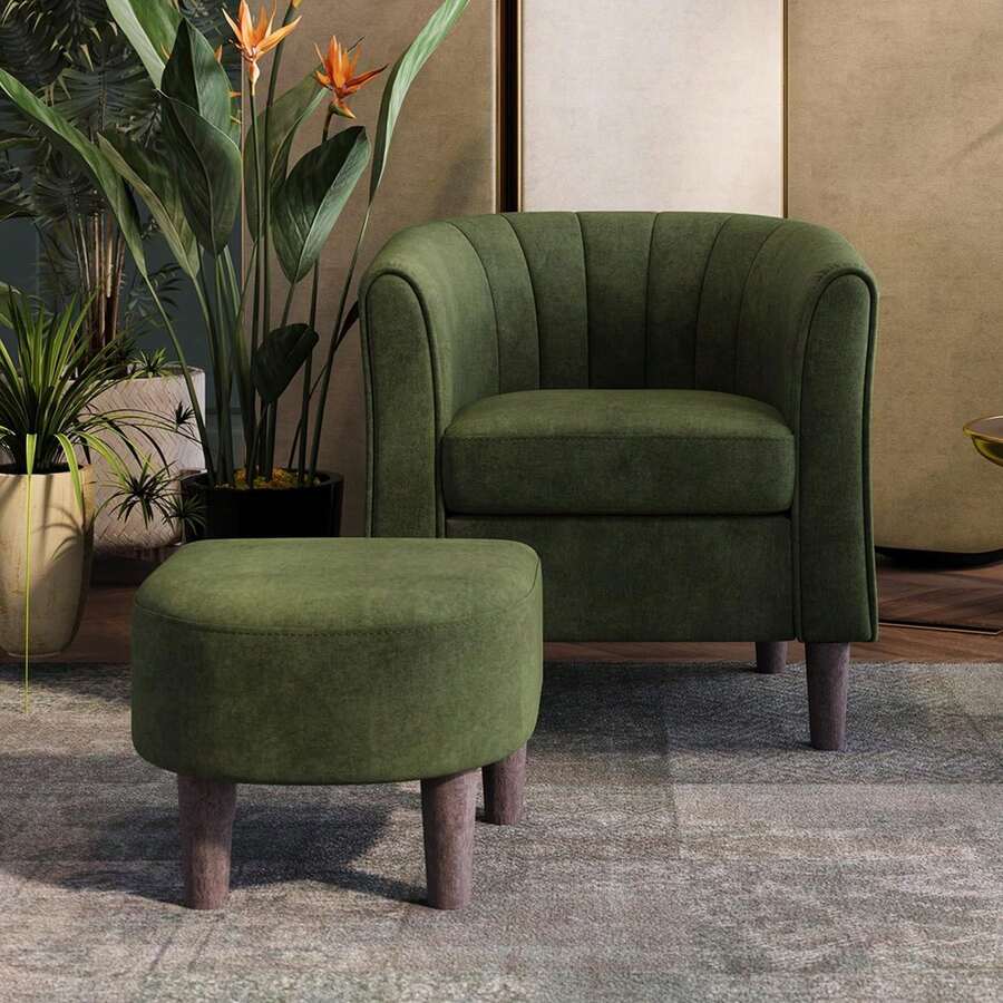 Accent Chair With Ottoman, Modern Barrel Chair Comfy Armchair Reading Chair With Footrest, Round Arms Chair For Living Room Bedroom Reading Room, Velvet, Olive Green,9610846 - Green - View 1