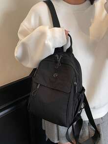 1pc Solid Color Fabric Dual Washed Nylon Lightweight Large Capacity Travel Backpack, Minimalist Portable College Student Bookbag - Black - View 3
