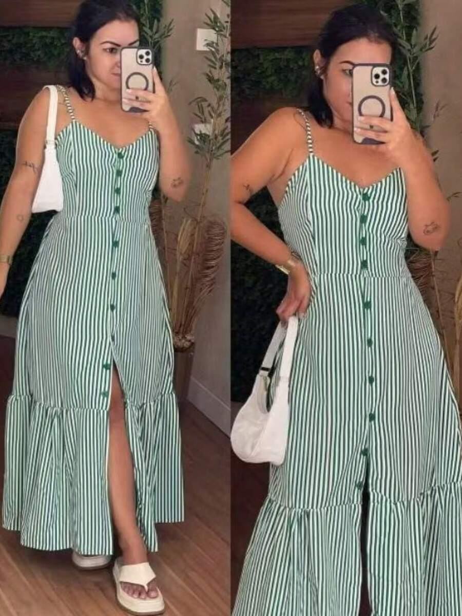 Long Crepe Dress With Padded Cups And Buttons H-1 - Dark Green - View 1