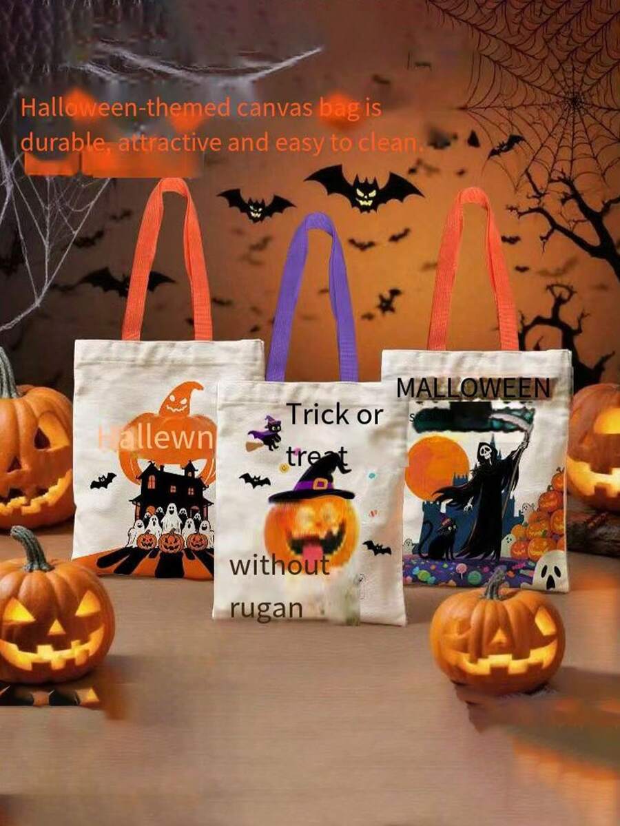 1pc Halloween Canvas Bag, Witch Ghost Holiday Party Kindergarten Candy Gift Bag, Gift Store Packaging Bag - Multicolor - View 1
