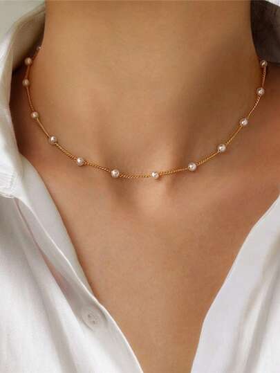 1pc Elegant Faux Pearl Necklace - Simple Necklace With Delicate Pearls, Suitable For Daily Wear, Parties, Dates And Special Occasions - Classic Jewelry For All Seasons, Great Beach Gift