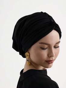 1pc Women's Classic Solid Color Chemo Turban Hat, High Elasticity, Pleated Design, Non-Slip, Breathable, Multi-Layer Pleated Headscarf, Perfectly Paired With Hijab, Soft And Skin-Friendly Modal Knitted Fabric, Suitable For Hijab Outfit, Daily Wear - Black - View 6
