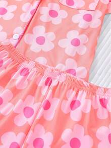 Two-Piece Women's Elegant Polyester Pink Pajama Set, Floral Print, Knit Fabric, All-Season Comfort, Short-Sleeved Button-Down Top, Collar And Matching Shorts, Pocket Details, Perfect For Adults Pajama Set - 粉色 - 查看 8