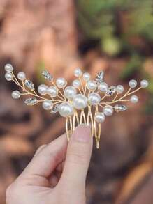 1 件手工仿珍珠和水钻发梳，侧梳小发饰，新娘婚礼发型装饰，梳子，发梳 - 彩色 - 查看 1