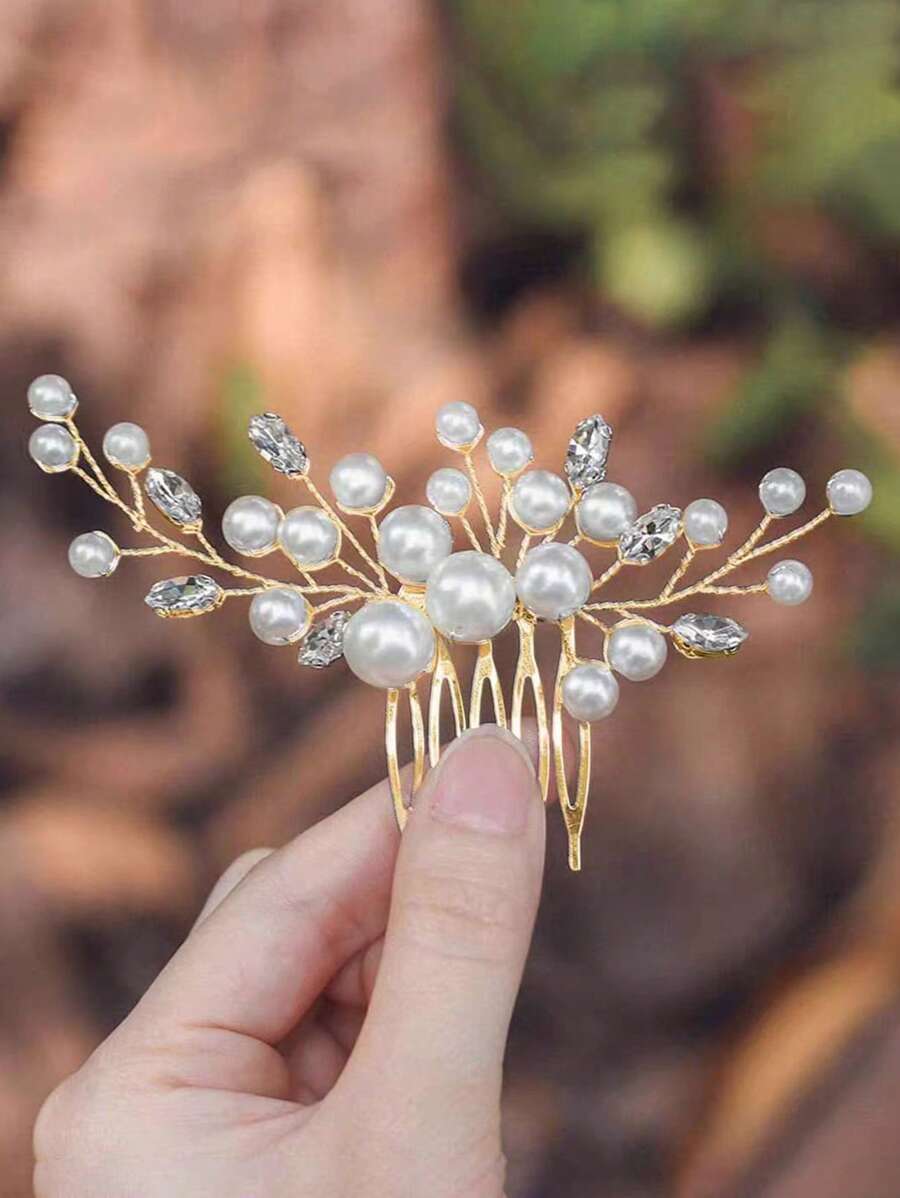 1 件手工仿珍珠和水钻发梳，侧梳小发饰，新娘婚礼发型装饰，梳子，发梳 - 彩色 - 查看 1
