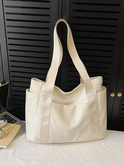 Bolso de mano de mujer de unicolor y estilo minimalista casual, de gran capacidad, con múltiples bolsillos con cremallera y correa ancha, adecuado para uso diario, compras, viajes y estudiantes