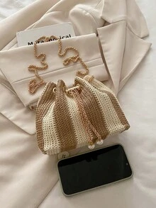 迷你时尚纯色女士水桶包，百搭优雅的链条斜挎包，适合购物、钱包、逛街、年轻女性、大学生、新人、白领。非常适合办公室、大学、工作、商务、通勤、户外活动、旅行和郊游。