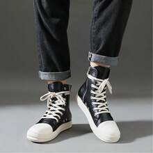 Men's Thin Shoelaces, Round Toe Shoes, High-Top Casual Shoes, Minority Retro Thick-Soled Skateboard Shoes. - 黑色 - 查看 2