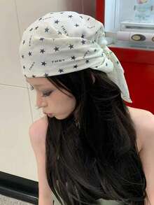 Women Bandana 1pc Ins Star Print Square Scarf Headscarf 70*70cm, Spring And Summer Thin Versatile Pastoral Floral Hair Accessories, Bohemian Style Ladies, Square Scarf, Hairband, Headband, Ladies Headscarf, Multi-Functional Use, Can Be Used As A Belt, Decoration, Headscarf, Shawl, Sarong, Very Suitable For Sun Protection, Daily Wear, Party And Outdoor Travel, Vacation, Gift Giving, School Stuff, College - White - View 4