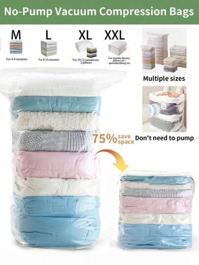 1 pieza Bolsa de almacenamiento al vacío para ropa, bolsa de compresión al vacío para chaquetas, camisas, ropa de cama, pantalones, para el hogar, dormitorio, armario, dormitorio, baño, viajes, ahorra hasta un 80% del espacio