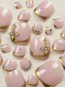 24 件短方形脚趾甲片，带金色装饰和水钻，经典法式美甲，夏季简约装饰，包含 1 个指甲锉、1 支果冻凝胶（女士适用，适合日常、约会、派对）按压式指甲美甲用品 - 彩色 - 查看 3