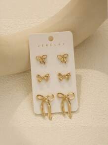 3 Pairs Of Gold Bow Earrings Set Bow Earrings Set Girls Fashion Jewelry Bow Accessories - one-size - View 6