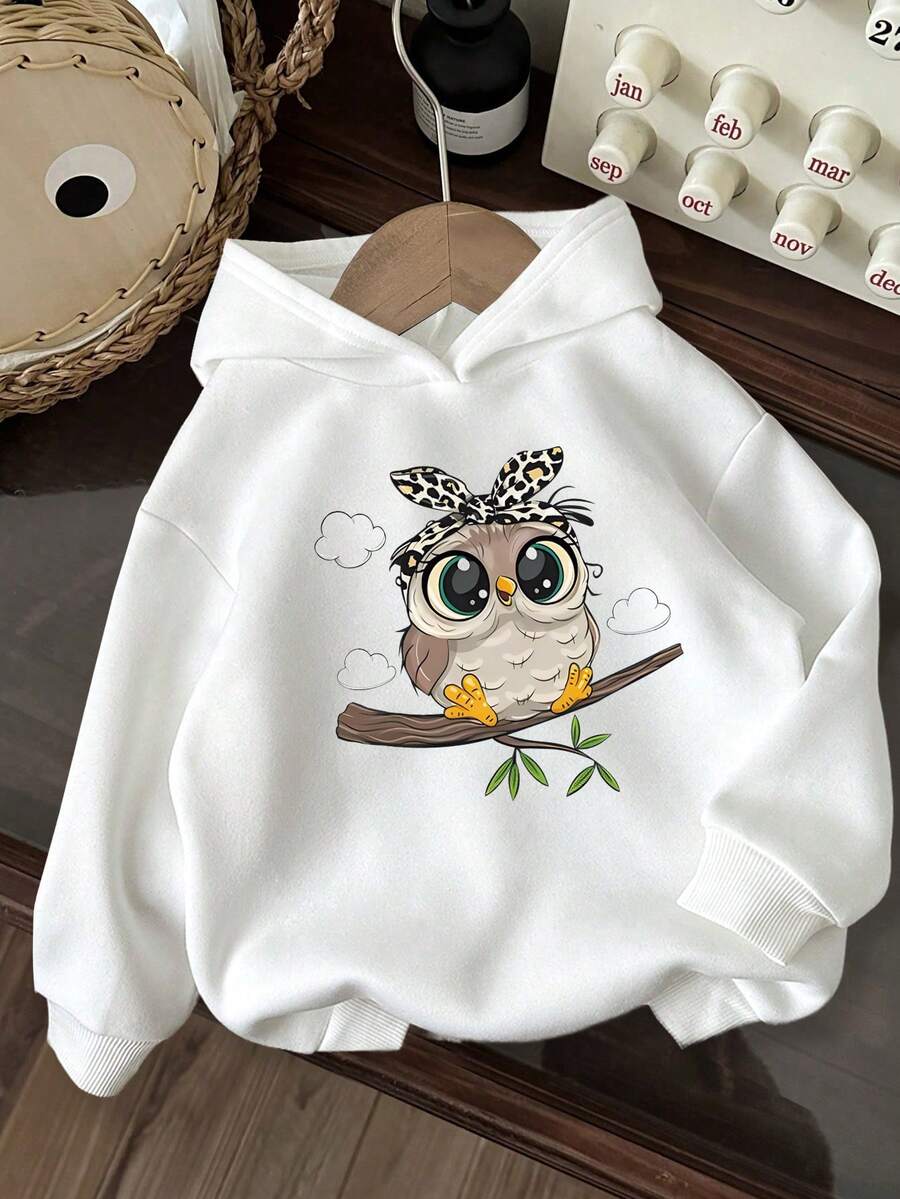 Young Girl Cartoon Pattern Warm Sweatshirt - White - View 1