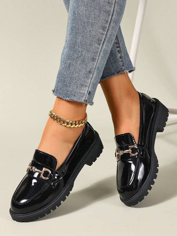 Black Leather Low-Heel Slip-On Loafers For Women, Buckle Decor, Spring/Autumn