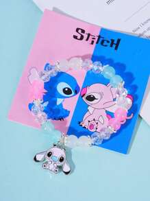 Disney 1 Disney  Bracelet, Blue And Purple Cat's Eye Beads, Stitch And Angie Cartoon Pattern, Crystal Elastic Bracelet Children's Gift Bracelet, Valentine's Day Gift