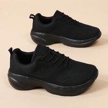 Damen bequeme Schuhe mit dicker Sohle, tägliche Schnürschuhe minimalistischer Athletikschuhe, atmungsaktive Mesh-Plateauschuhe, modische sportliche vielseitige Sneaker mit dicker Sohle und Mesh, Lässig Laufschuhe, geeignet für den Lässig-Bereich - Schwarz - Übersicht 2