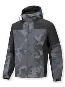 MAISONFOX Boyfriend Style Men's Camouflage Print Drawstring Hooded Sports Jacket, Casual Everyday Camouflage Zip-Up Hooded Going Out Street Wear Long Sleeve Jacket, For Friends, Husband, Boyfriend Gifts, Fall - Grey - View 11