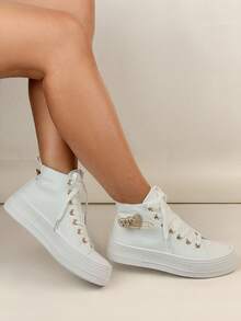 Women's High Top Thick Sole Rhinestone Glitter Cute Casual Walking Sneakers - White - View 2