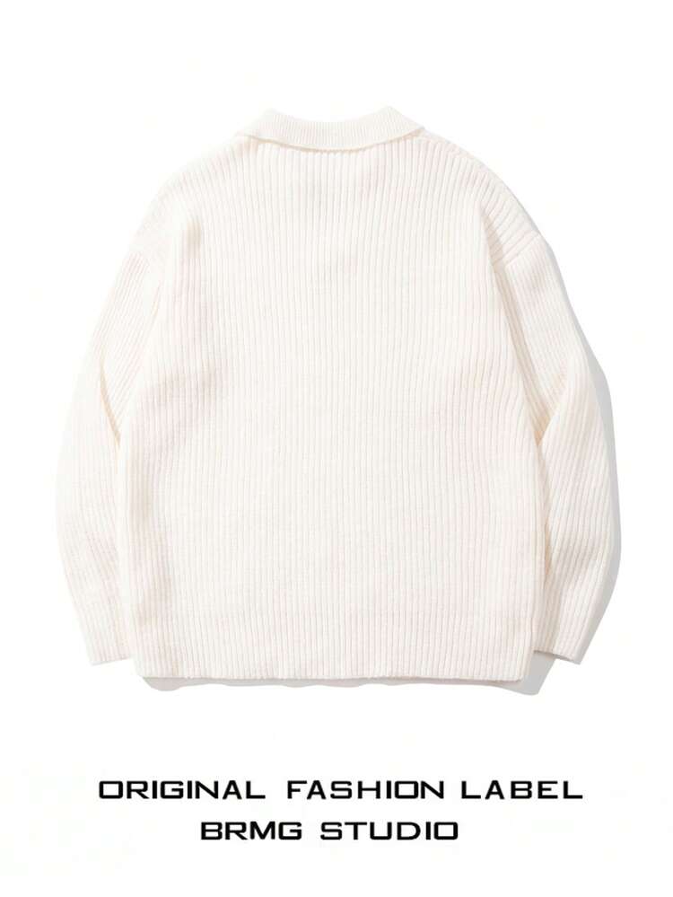 OFFICEAU Men's Ribbed Knit Sweater, Casual Loose Pullover Polo Neck Knitwear Top, Autumn/Winter, Old Money - Apricot - View 7