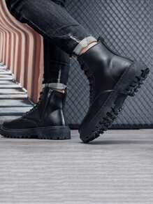 Botas de cano alto masculinas, botas de trabalho estilo motociclista, sola de borracha antiderrapante, cabedal de couro premium, calçados casuais quentes e versáteis para outono/inverno, calçados urbanos para deslocamento e ciclismo