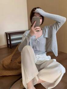 2 件灰色吊带背心和针织开衫套装，优雅修身女士上衣，秋季 - 灰色 - 查看 4