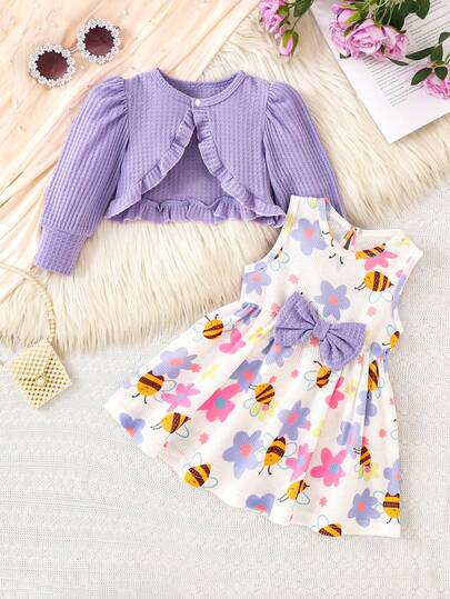2pcs/Set Baby Girl Purple Ruffle Trim Jacket With Button Decor + Butterfly Flower & Bee Print Pinafore Dress, Suitable For Outdoor Play And Events, Casual Elegant & Fashionable Outfit, Autumn/Winter'