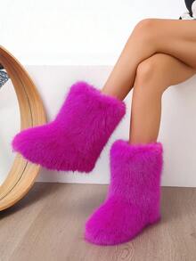 Women's Furry Faux Fur Boots Fuzzy Fluffy Mid Calf Snow Boots Suede Warm Fur Lined Booties Flat Fashion Boots - Màu Hồng Tươi - Xem 4