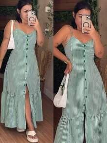 Long Crepe Dress With Padded Bra And Buttons - Dark Green - View 1