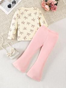 Set de 2 piezas para niñas con camiseta de manga larga de punto con estampado de mariposa y pantalón acampanado rosa, adecuado para usar al aire libre o diariamente en otoño