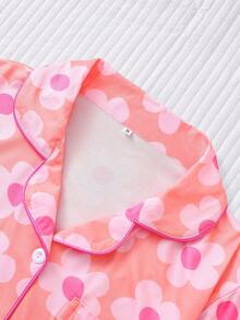 Two-Piece Women's Elegant Polyester Pink Pajama Set, Floral Print, Knit Fabric, All-Season Comfort, Short-Sleeved Button-Down Top, Collar And Matching Shorts, Pocket Details, Perfect For Adults Pajama Set - 粉色 - 查看 6