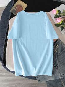 Smiling Letter Print Round Neck Casual Short Sleeve T-Shirt, Soft And Comfortable For Spring/Summer Wear - Baby Blue - View 3
