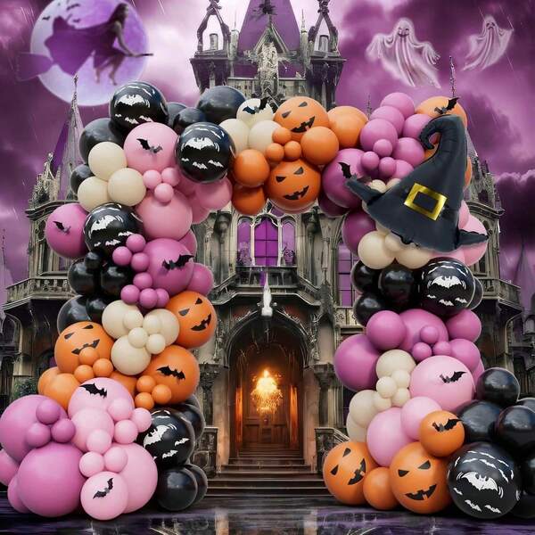 189 Stück Halloween Ballon Girlande Bogen Set mit Spinnen, Geister, Hut Folienballons in Rosa, Schwarz, Orange, Sand und Weiß für Halloween Horror Kostümparty Dekorationen