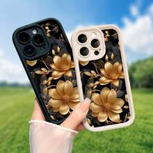 Estuche de teléfono móvil con diseño de flor dorada, decorado con hojas elegantes y fondo negro, compatible con modelos de for  16, 15, 14, 13, 12, 11 Pro, material TPU, protección contra golpes.Es un regalo genial para familiares, amigos, niños, cumpleaños, festival de primavera, vacaciones, novios, novias y Día de San Valentín. - Blanco - Ver 4