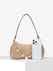 1 件女士复古度假海洋生物仿珍珠樱桃仿毛皮尾巴编织斜挎包腋下法棍包，适合约会、郊游、度假