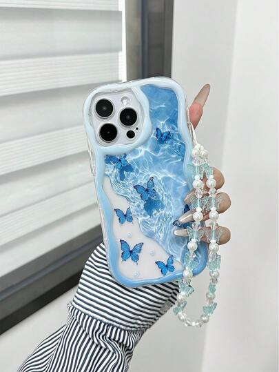 Cream Textured Wavy Edge Glossy Butterfly Painted Anti-Drop Phone Case With Handmade Beaded Bracelet, Compatible With IPhone 16/11/16pro/16plus/16promax/16e/15Promax/13/14/12/XS/XR/7G/8P, Galaxy 11/12Pro/12/12X/13Pro/14Pro/15Pro/, Redmi 10/9/Note9/12c/Note11pro/Note8Pro