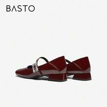 BASTO Red Mary Jane Shoes, Minimalist French Square Toe, Rhinestone Square Buckle, Chunky Heel, Low Vamp Flats For Women, Suitable For Daily, Commute, Office, Party, Date, Valentine's Day - Burgundy - View 9