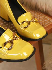 Small Size Women's Thick Heel Mary Jane Pumps, Square Toe High Heels With Metal Buckle, Fashion Yellow High Heel Shoes, Comfortable Square Toe Chunky Heel Pumps - Yellow - View 5