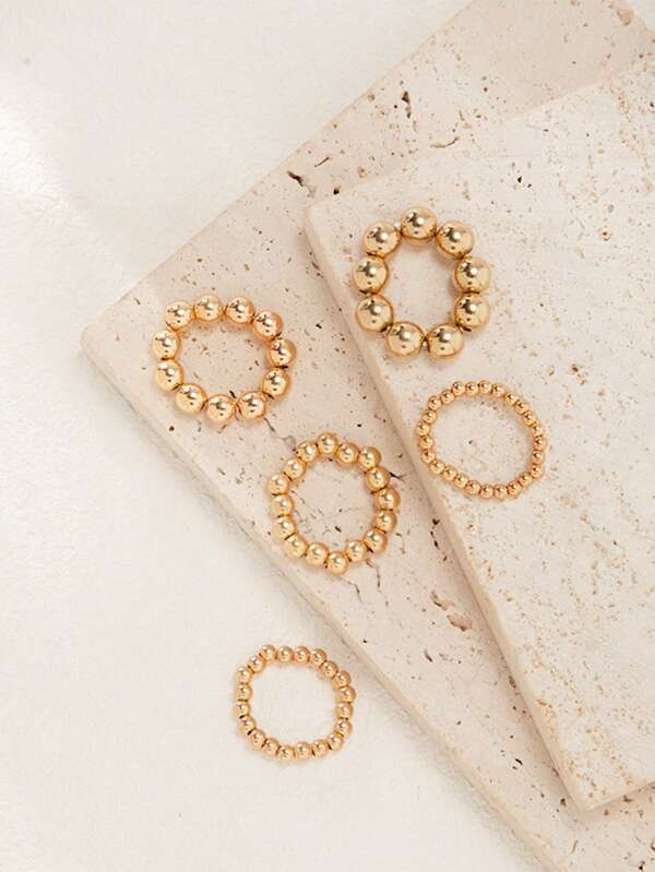 5pcs/Set Beaded Punk Style Geometric Round Bead Rings, Suitable For Women's Daily Wear
