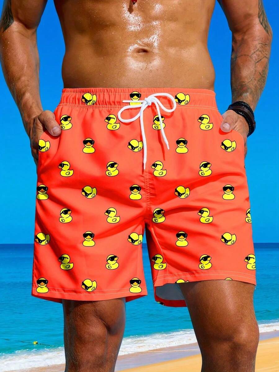 Plus Size Men's Fashionable Duck Print Drawstring Waist Casual Beach Shorts, Vacation Style - Burnt Orange - View 1