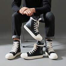 Men's Thin Shoelaces, Round Toe Shoes, High-Top Casual Shoes, Minority Retro Thick-Soled Skateboard Shoes. - 黑色 - 查看 6