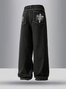 Quần jean ống đứng dáng rộng in họa tiết túi sau màu đen 4 mùa, phong cách đường phố Mỹ giản dị, đa năng - màu đen - Xem 2