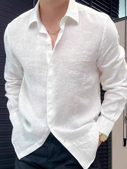 Men's New Classic White Casual Long Sleeve Shirt, Fashion Outdoor Shacket